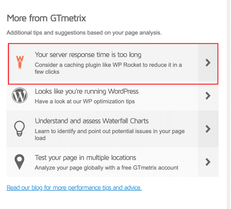 GTmetrix recommends WP Rocket to boost performance - Source: GTmetrix